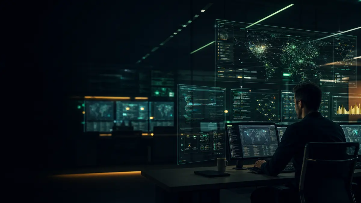 Professional hacker monitoring code and cyber threat dashboards